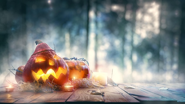 Pumpkins in spooky forest