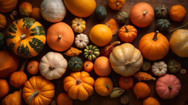 Pumpkins and squash Top down view