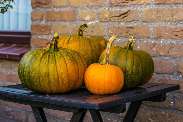 Photo pumpkins on table against wall