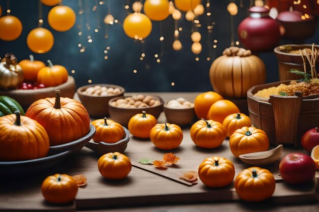 Pumpkins on a table with a wall of lights behind them