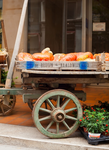 Pumpkins on vintage wooden cart