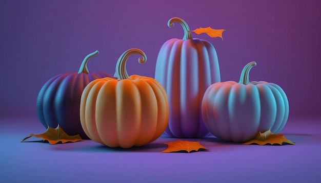 Pumpkins on violet background Generative Ai