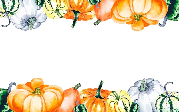 Pumpkins watercolor horizontal border Watercolor illustration of bright pumpkins on white background