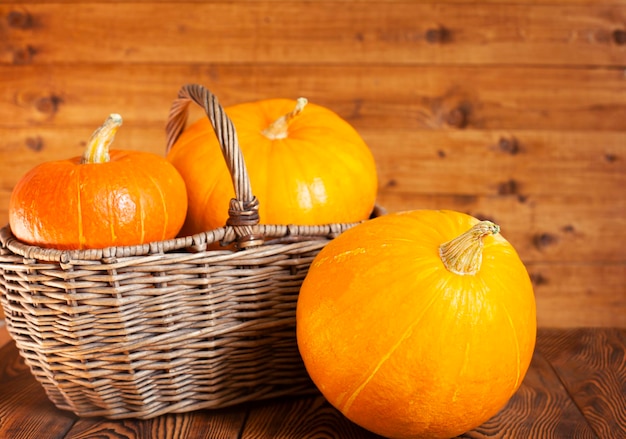 pumpkins in a wicker basket close-up