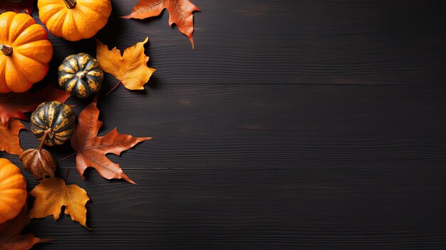 Pumpkins with Autumn leaves on wooden background with copy space for Halloweens