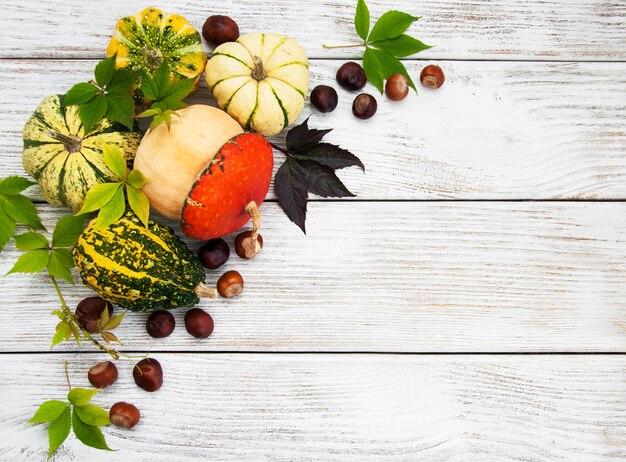 Pumpkins with autumn leaves