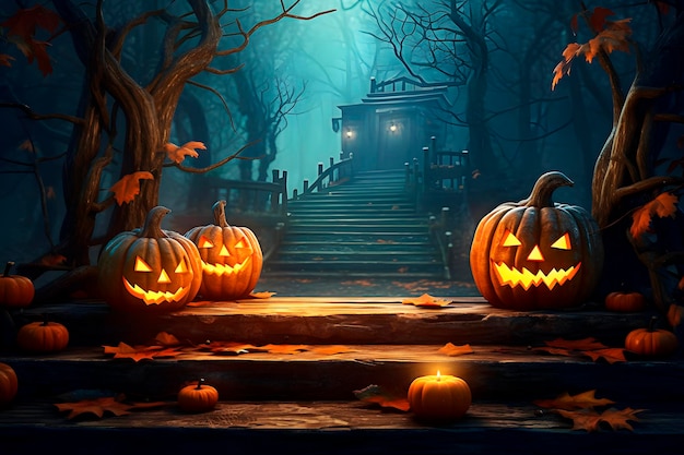 Pumpkins with candlelit inside on old stair against ancient castle at halloween night Generative AI