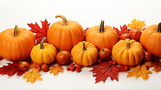 Photo pumpkins with fall leaves over white background