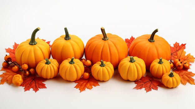 Photo pumpkins with fall leaves over white background