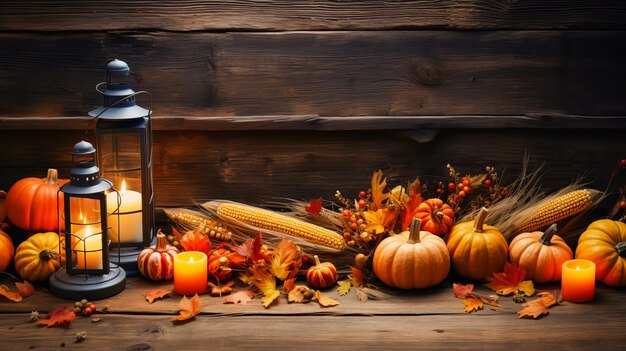 Foto zucche con foglie d'autunno su uno sfondo di legno