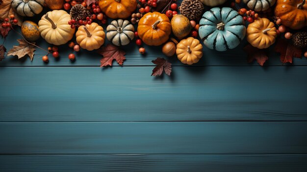 Photo pumpkins with fall leaves over wooden background