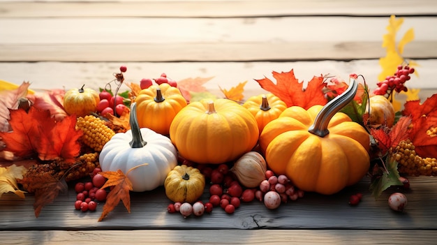 Foto zucche con foglie d'autunno su uno sfondo di legno