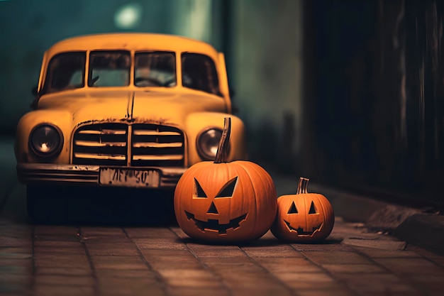 Pumpkins with horror expression on urban tiled sidewalk against retro yellow automobile Generative AI