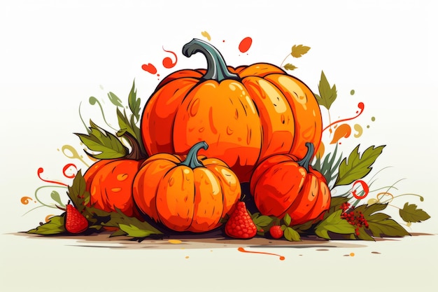 pumpkins with leaves and berries on a white background