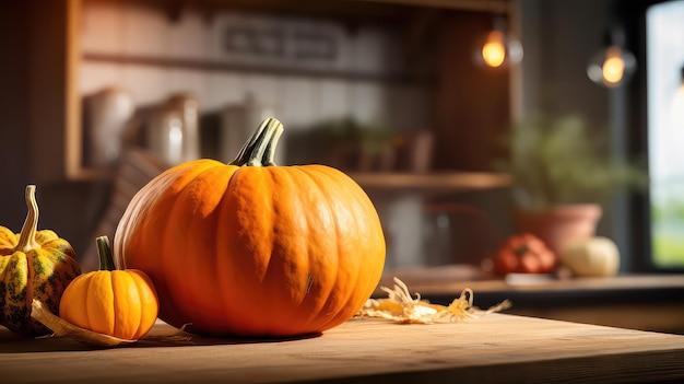 pumpkins with leaves on table