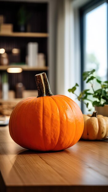 pumpkins with leaves on table