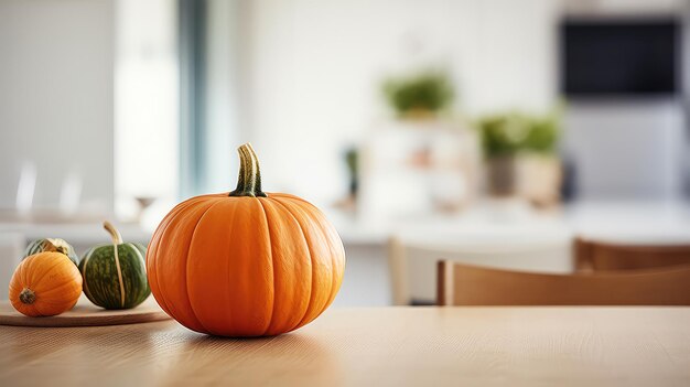 pumpkins with leaves on table