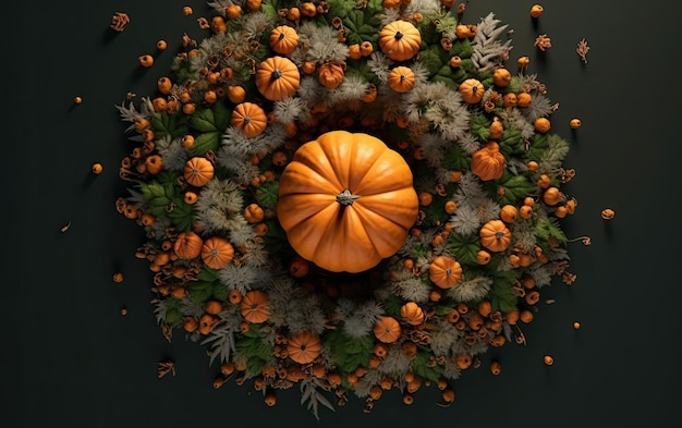 Pumpkins with leaves on wooden background top view angle