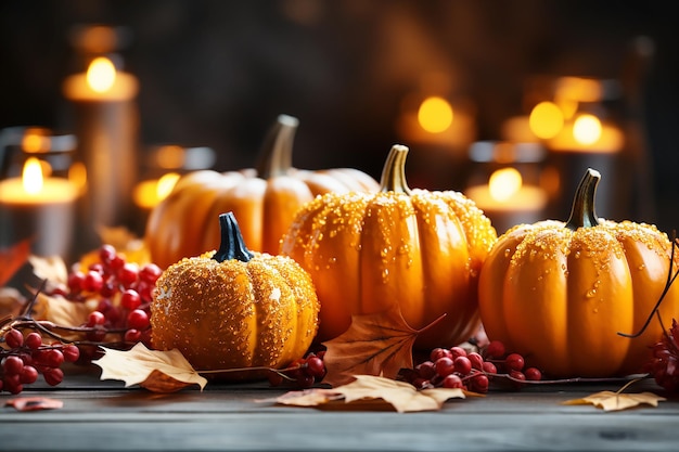 Pumpkins with red berries and maple leaves on wooden background copy space for text Generative AI