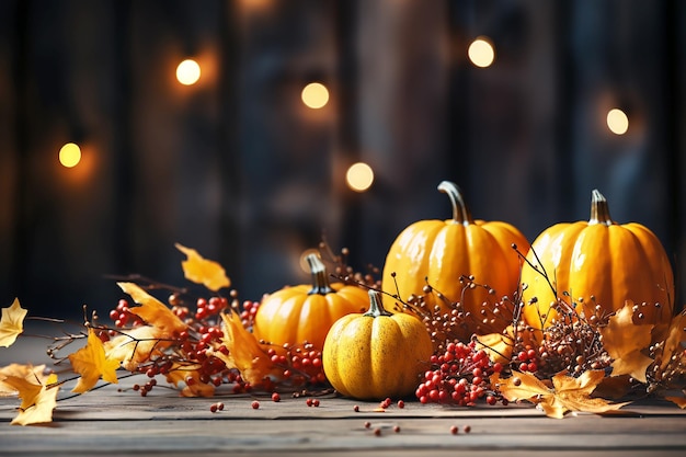 Pumpkins with red berries and maple leaves on wooden background copy space for text Generative AI