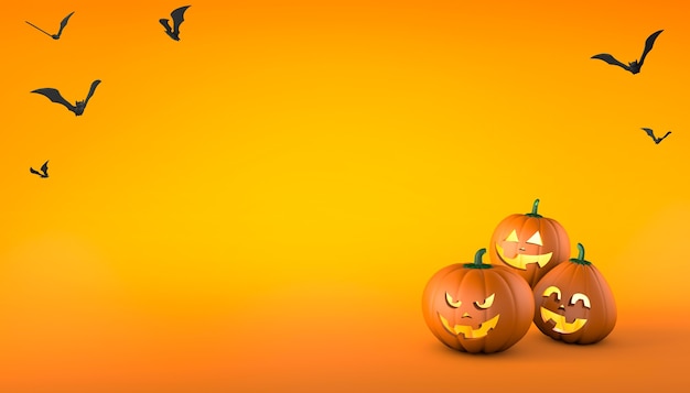 Pumpkins with smiling and cheerful faces and with an evil face on an orange background halloween