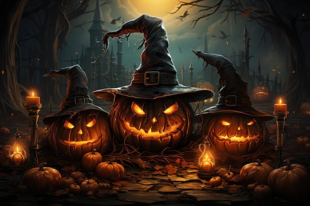 Pumpkins with witch hats on halloween background Generative AI