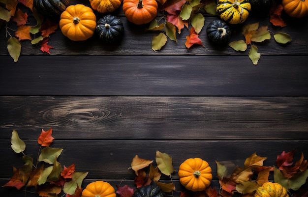 Pumpkins on a wooden background with autumn leaves