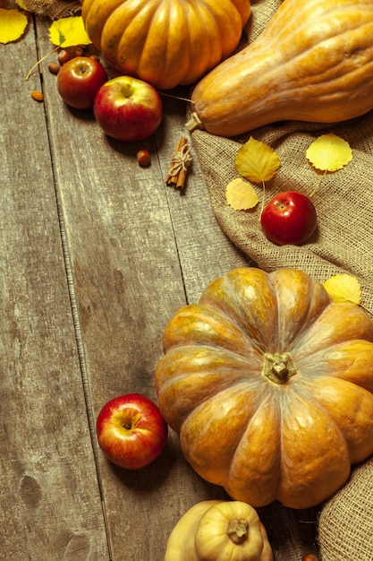 Pumpkins on wooden board