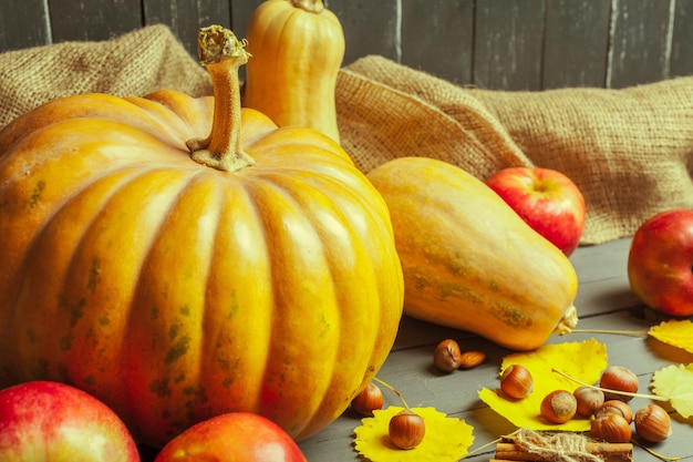 Pumpkins on wooden board