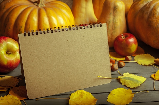 Pumpkins on wooden board