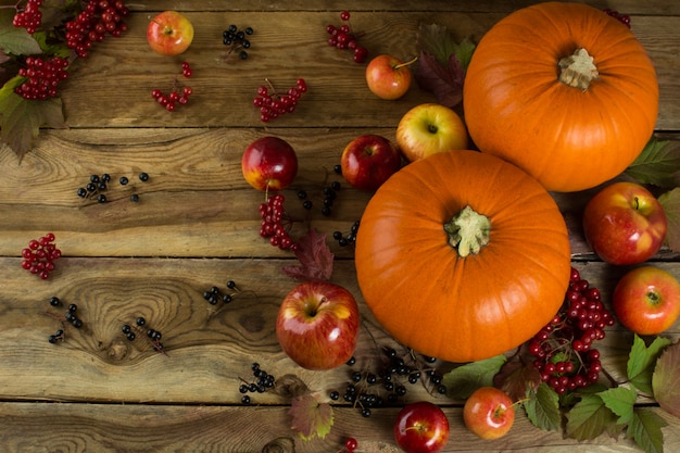 Pumpkins on wooden table