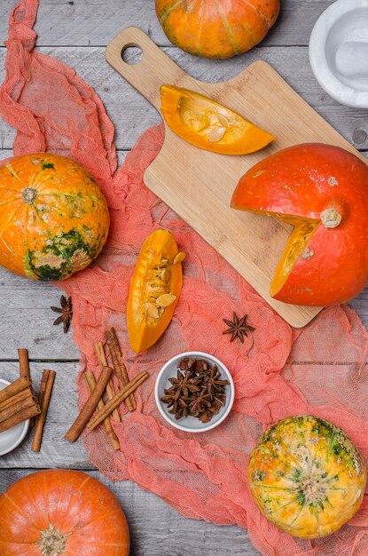 Pumpkins on wooden table