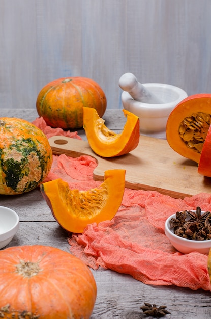 Pumpkins on wooden table