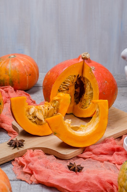 Pumpkins on wooden table