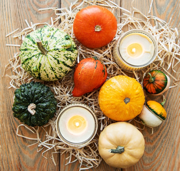 Pumpkins on a wooden table