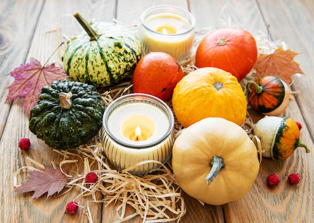 Pumpkins on a wooden table
