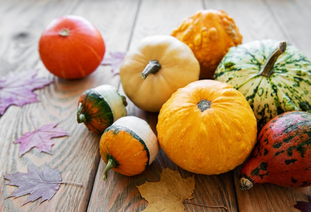 Pumpkins on a wooden table