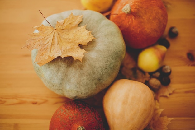 Pumpkinsautumn bladeren en groenten oogsten op houten tafel in zonnige kamer Happy Thanksgiving en Halloween vieren herfstvakantie thuis Ruimte voor tekst