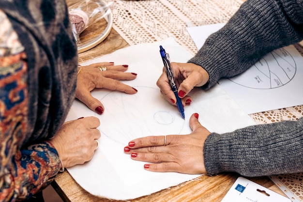 パンチニードルワークショップ 縫製計画を描く2人の年配の女性の手のクローズアップ