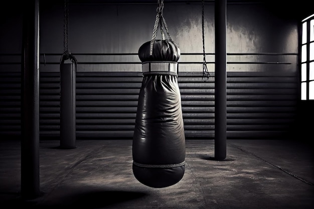 Punching bag in boxing gym with gloves hanging on the ropes created with generative ai