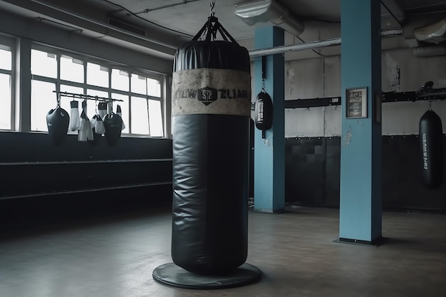 A punching bag in a gym with a man standing in the background.