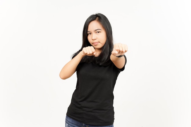 Punching fist to fight of Beautiful Asian Woman Isolated On White Background