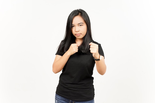 Photo punching fist to fight of beautiful asian woman isolated on white background