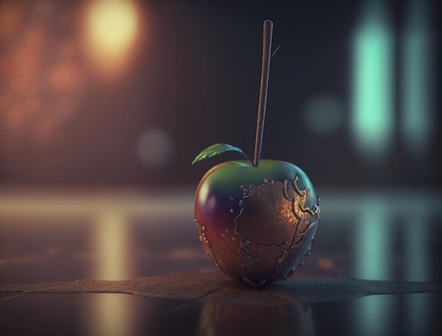 Punctured apple with stick cinematic style AI Generative