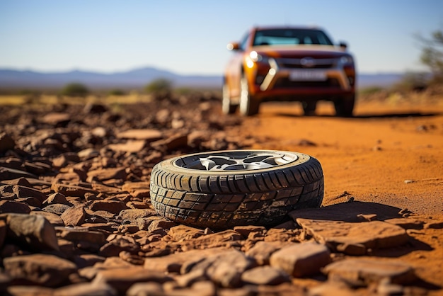 Punctured wheel on the side of the road outdoors