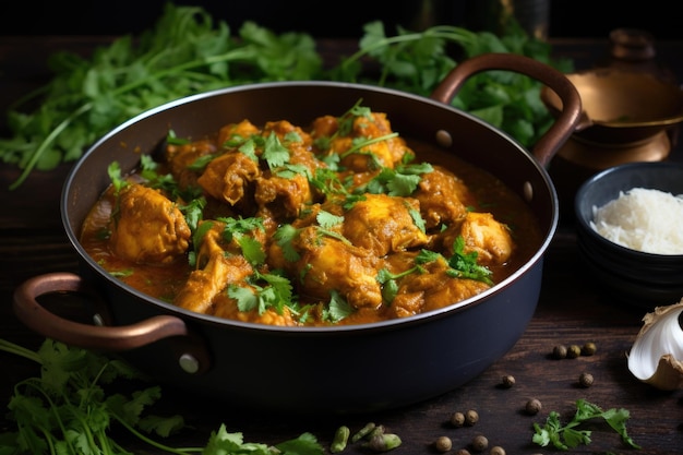 Punjab chicken curry garnished with fresh coriander