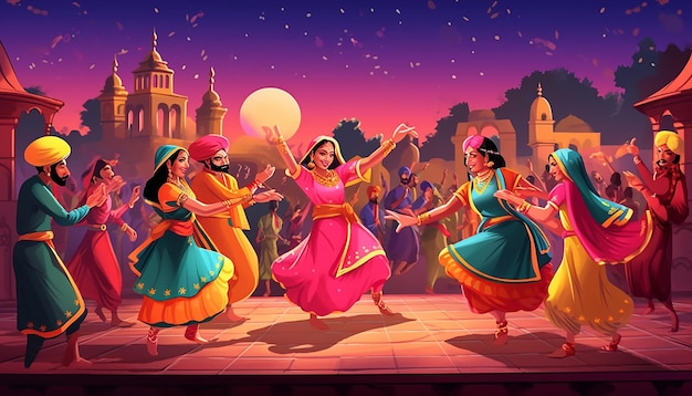 Punjabi folk dancers dancing traditional indian house night background cartoon