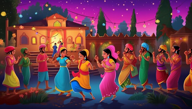 Foto punjabi volksdansers dansen traditionele indiase huisnacht achtergrond cartoon