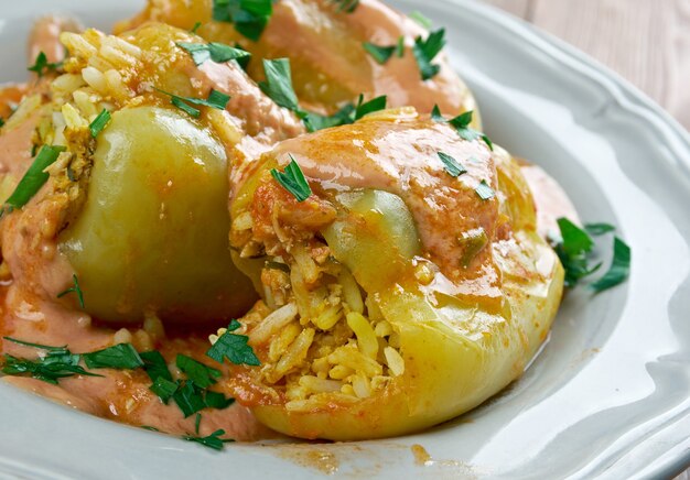 Punjena paprika - stuffed  pepper.dish made of peppers, stuffed with a mix of meat and rice in tomato sauce. Serbian and Croatian cuisine