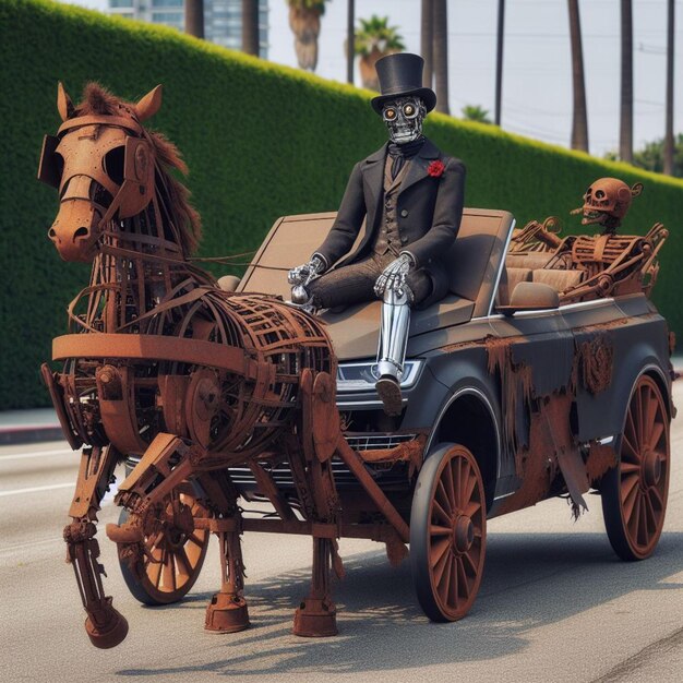 Photo punk luxury carriage driven by robot butler pulled by fake horse from dystopian future scene